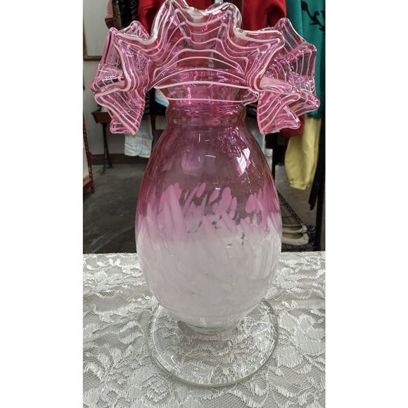 Vintage Pink and White Hand Blown Murano Style Glass Vase 8.75" Tall Coquette - Picture 1 of 6